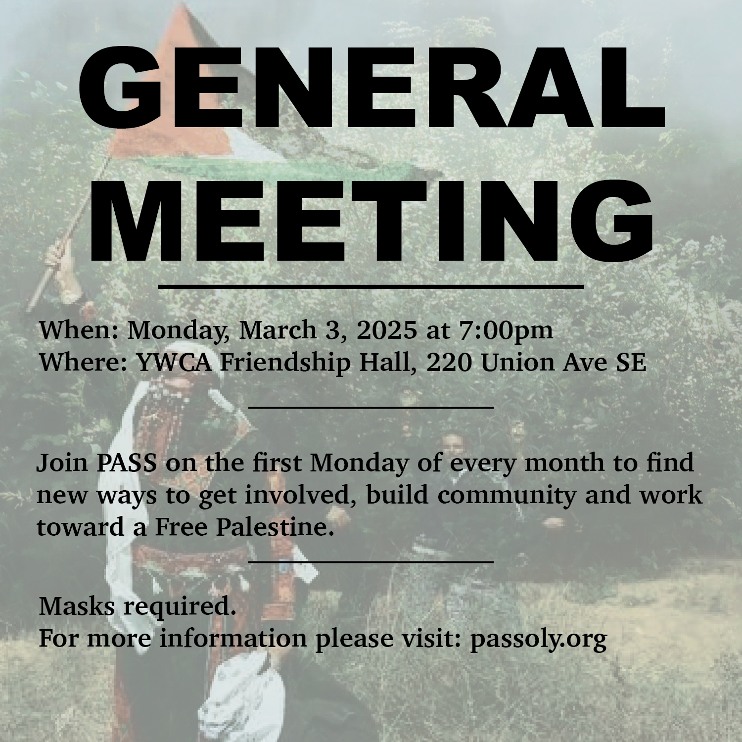 Monday 3/3 General Meeting 7pm at YWCA Friendship Hall