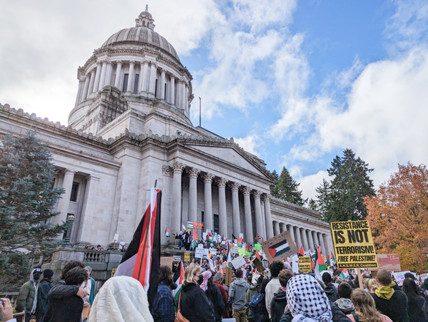 People rallying for a FrePalestine on the steps of the Capitol building in Olympia, WA